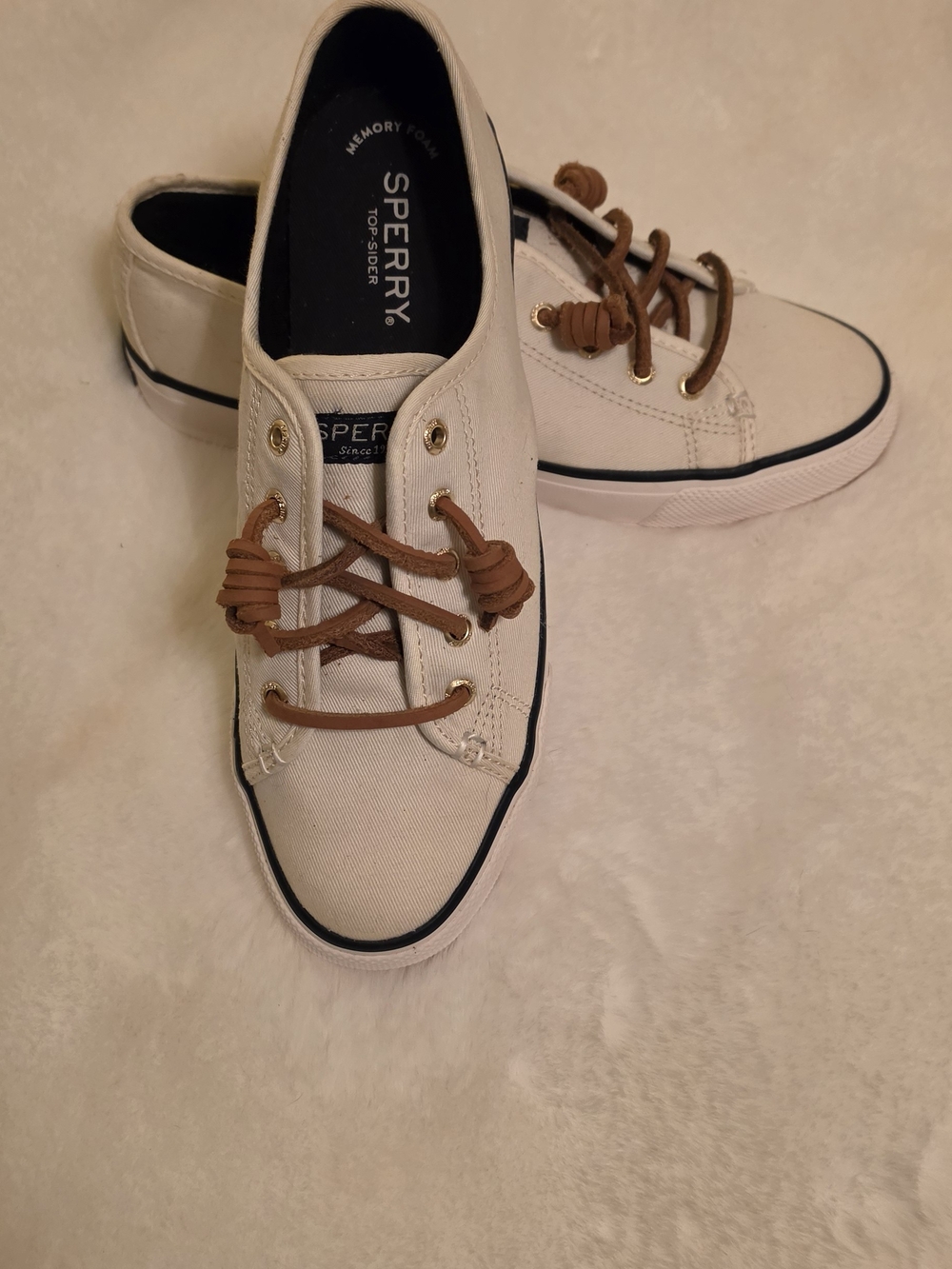 Sperry Top Sider Women's Cream Canvas Boat Shoes with Brown Laces. - Picture 5 of 7